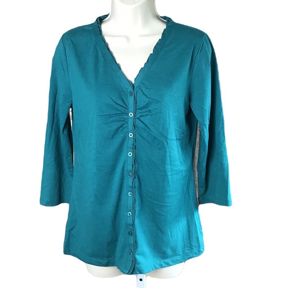 Laura Scott Button Up Shirt Blouse ~ Sz S ~ Teal Green ~ 3/4 Sleeve ~ Stretch